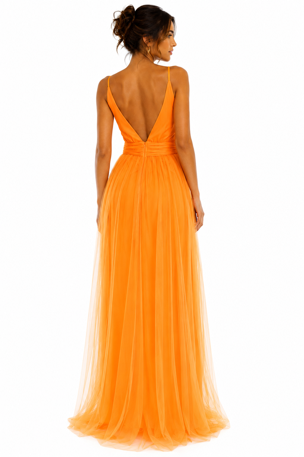 Orange evening gown with a plunging neckline on a white background