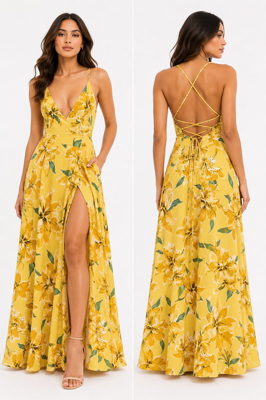 Paradise Lace-Up High-Low Maxi Dress