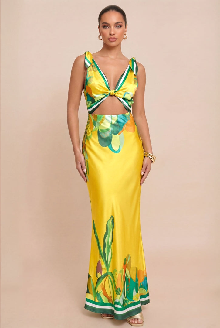 Woman wearing a yellow floral dress on a beige background