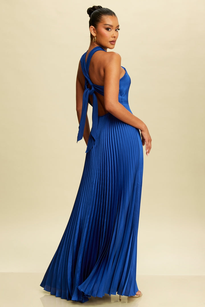 blue pleated dress Long Dress Cross in the back Black / Large / LD10144