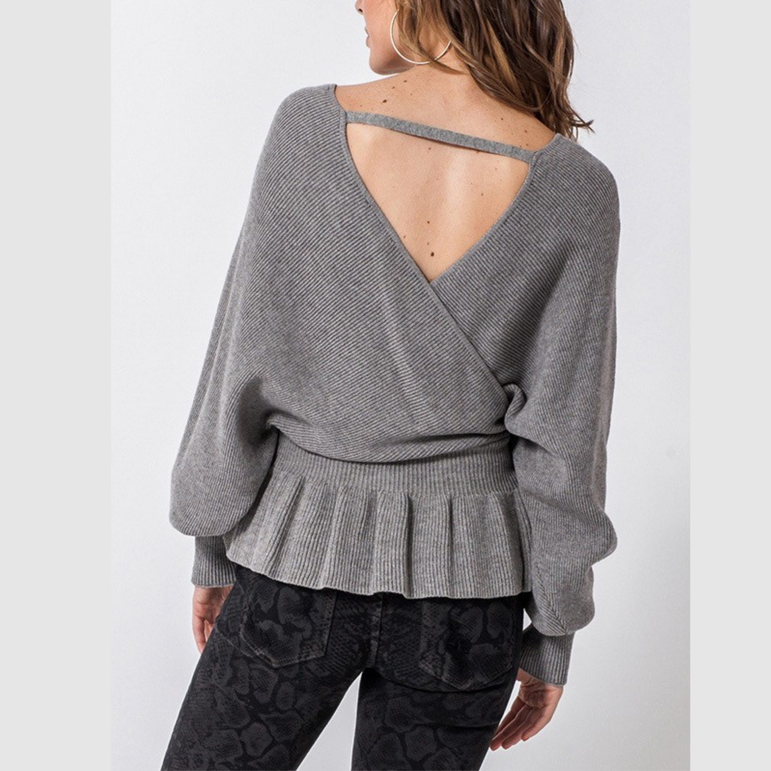 Peplum Ribbed Knit Sweater Top In Black-SWEATER