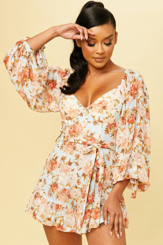 Floral Long Sleeve Romper in Light Blue