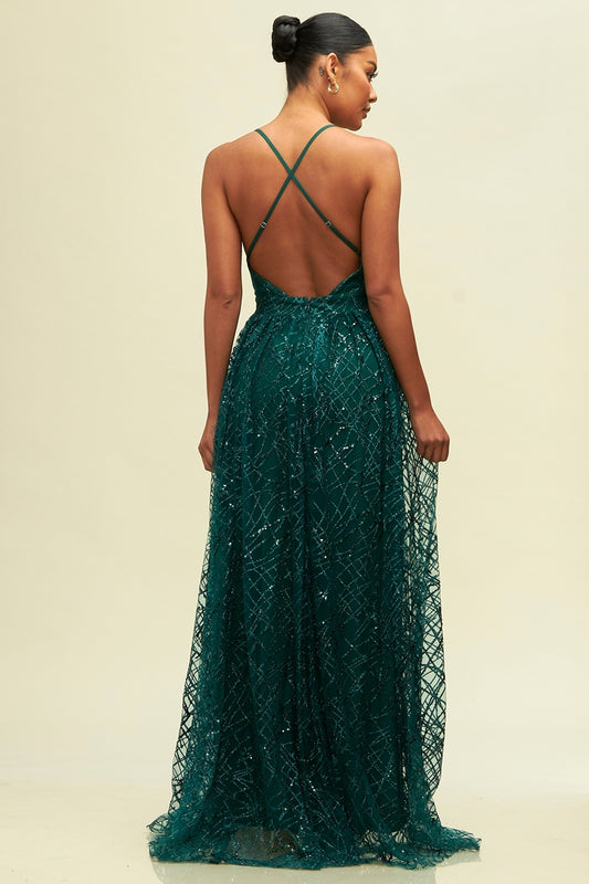 Glitter and Sequin Top Mesh Gown-MAXI DRESS