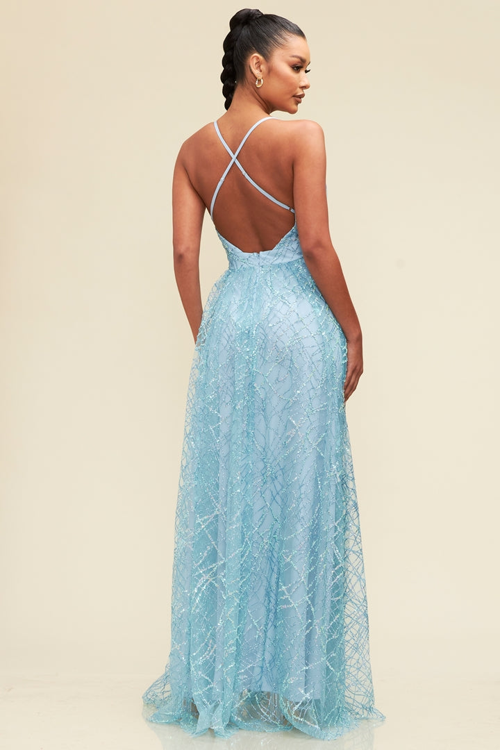 Glitter and Sequin Top Mesh Gown