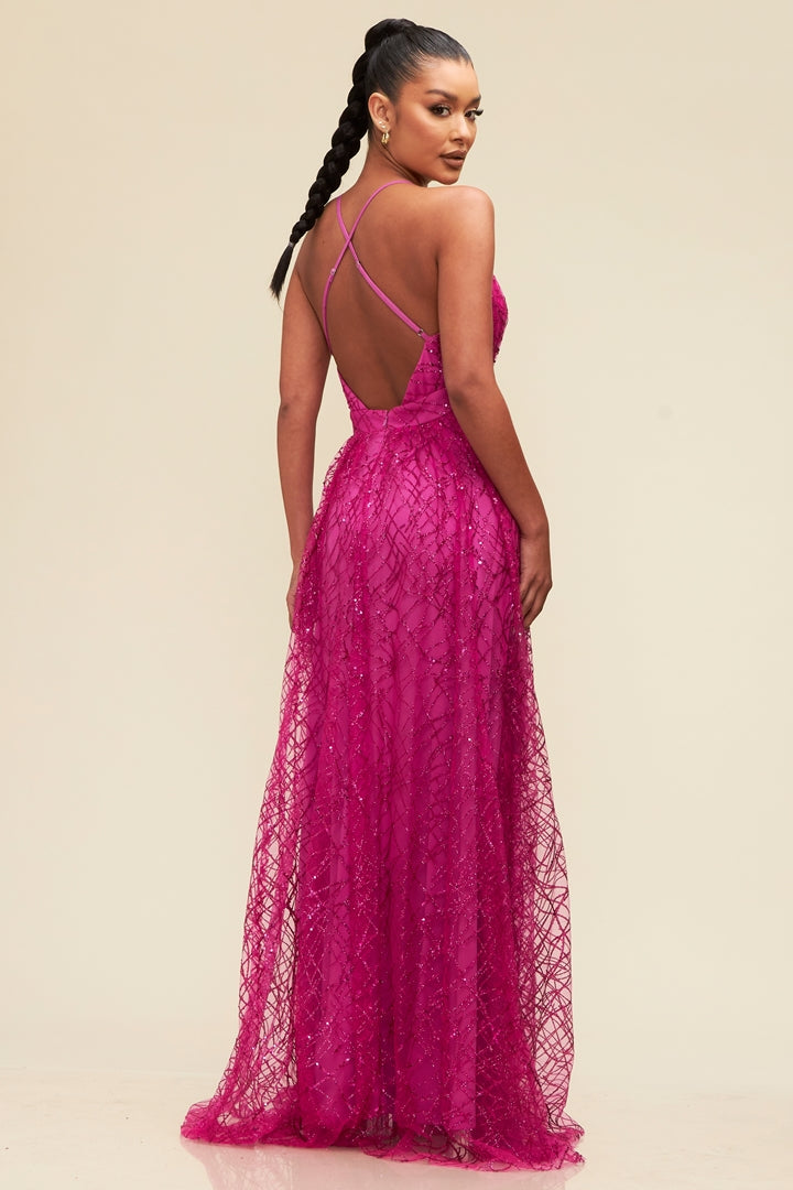 Glitter and Sequin Top Mesh Gown