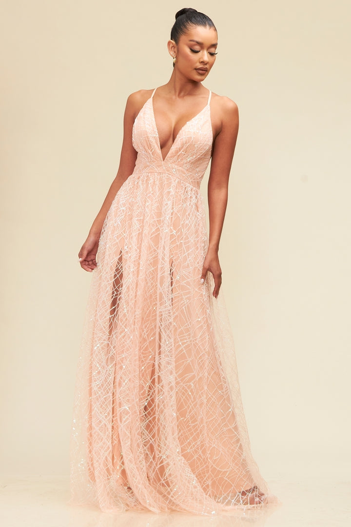 Glitter and Sequin Top Mesh Gown