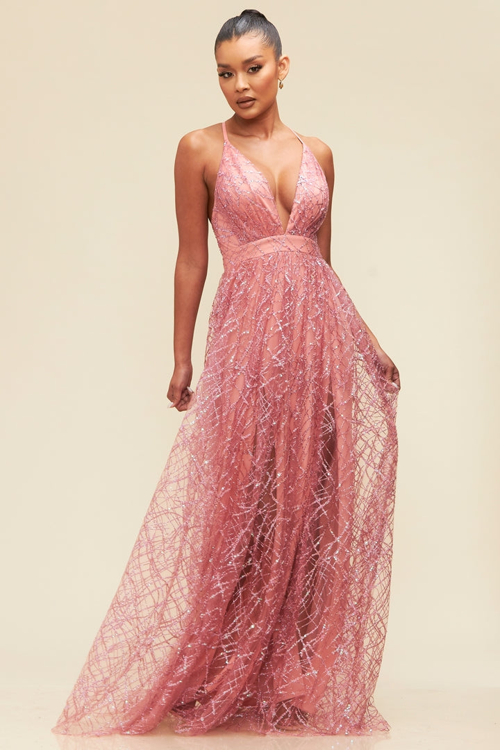 Glitter and Sequin Top Mesh Gown