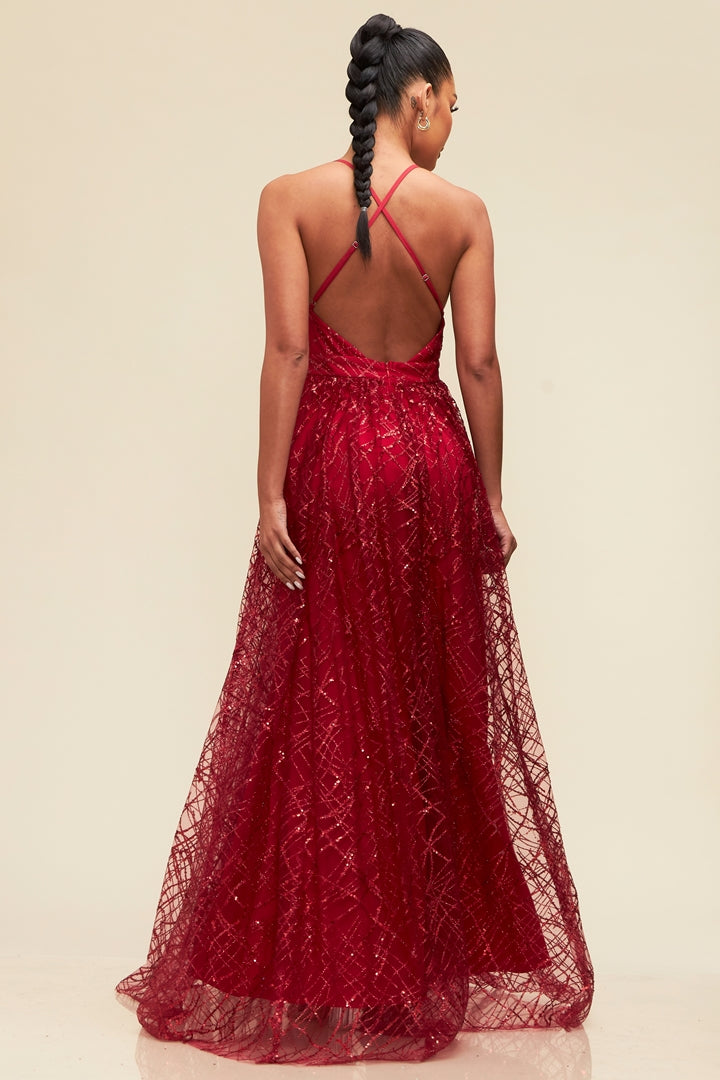 Glitter and Sequin Top Mesh Gown