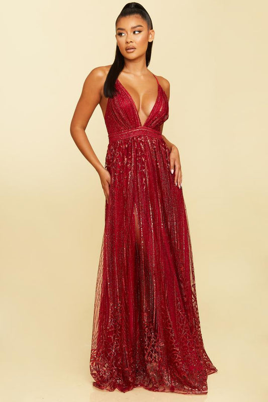 Sequin Border Maxi Gown Dress-MAXI DRESS