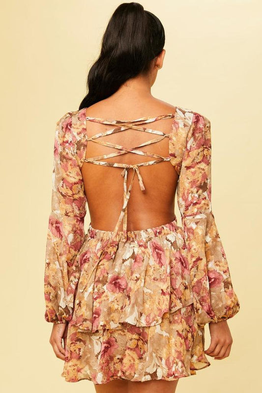 Lace-Up Floral Print Mini Dress in Mocha Wine-DRESS