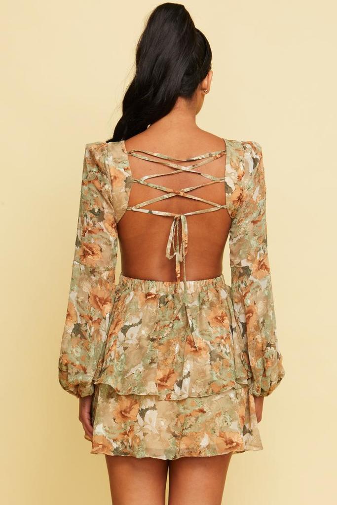 Lace-Up Floral Print Mini Dress in Sage Mocha-DRESS
