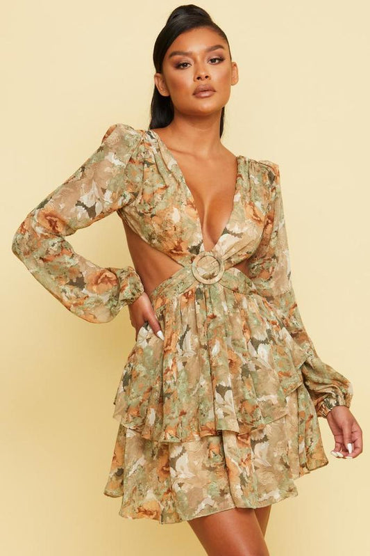Lace-Up Floral Print Mini Dress in Sage Mocha-DRESS