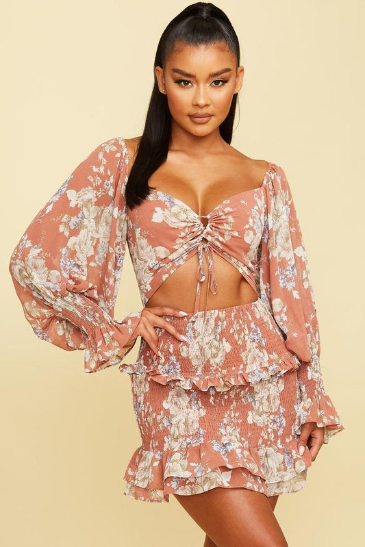Cutout Floral Print Mini Dress in Blush-DRESS