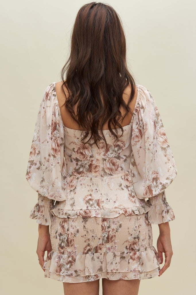Cutout Floral Print Mini Dress in Ivory-DRESS