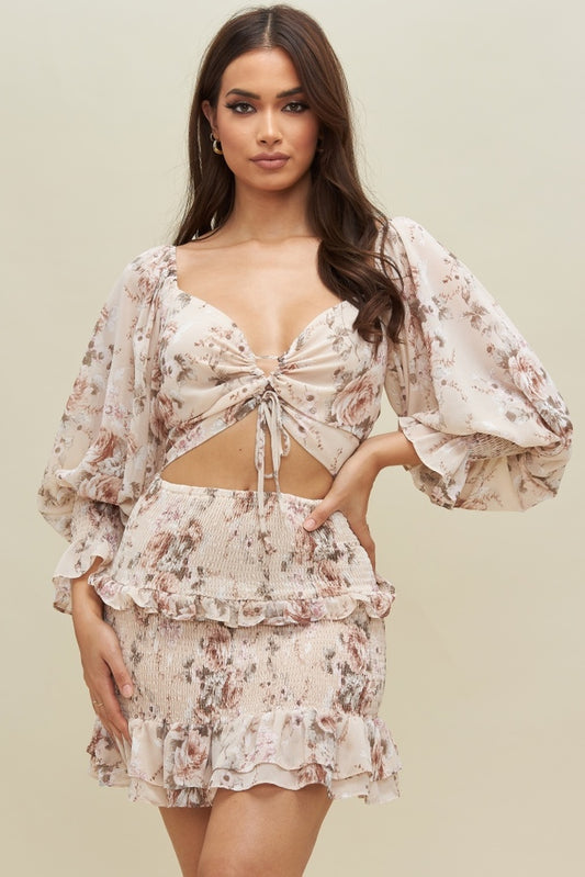 Cutout Floral Print Mini Dress in Ivory-DRESS