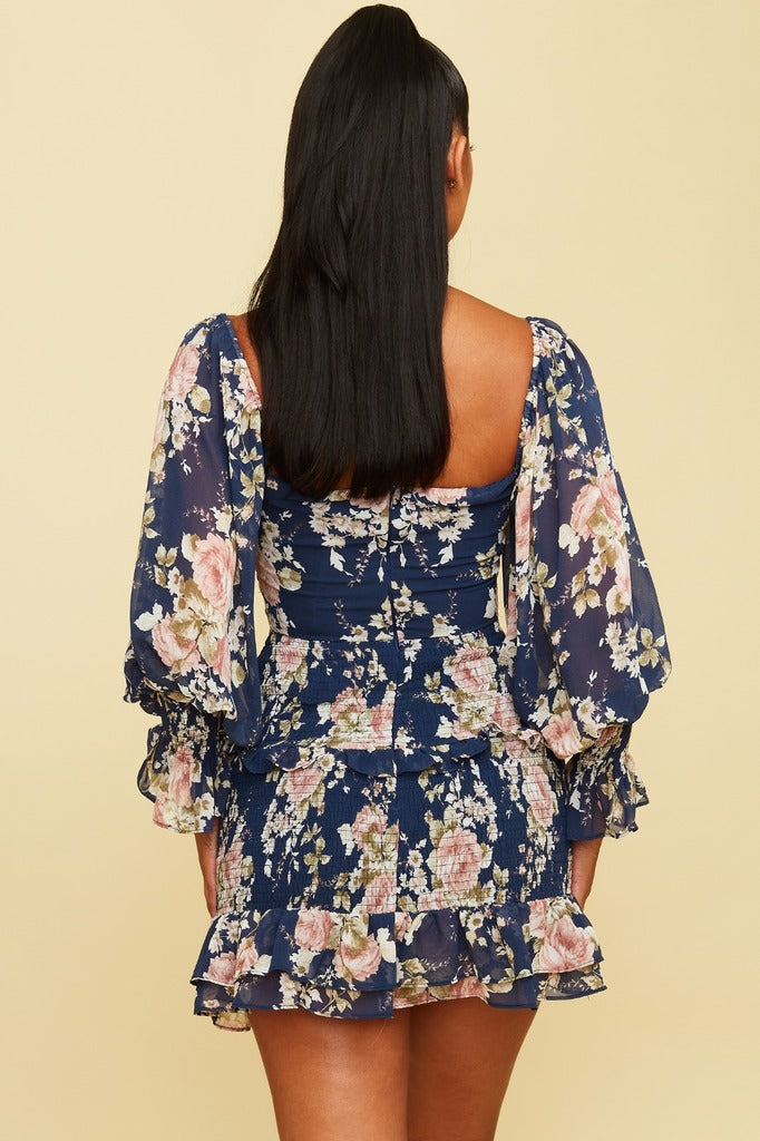 Cutout Floral Print Mini Dress in Navy