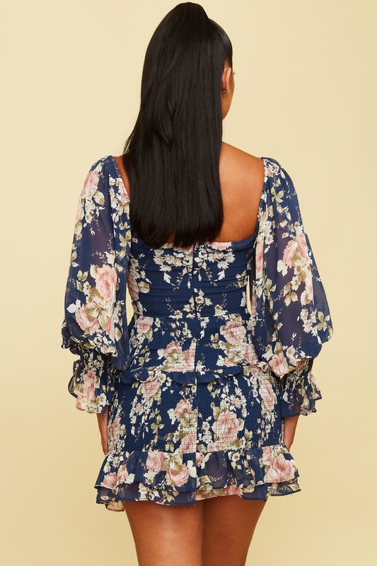 Cutout Floral Print Mini Dress in Navy-DRESS