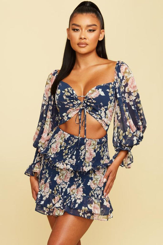 Cutout Floral Print Mini Dress in Navy