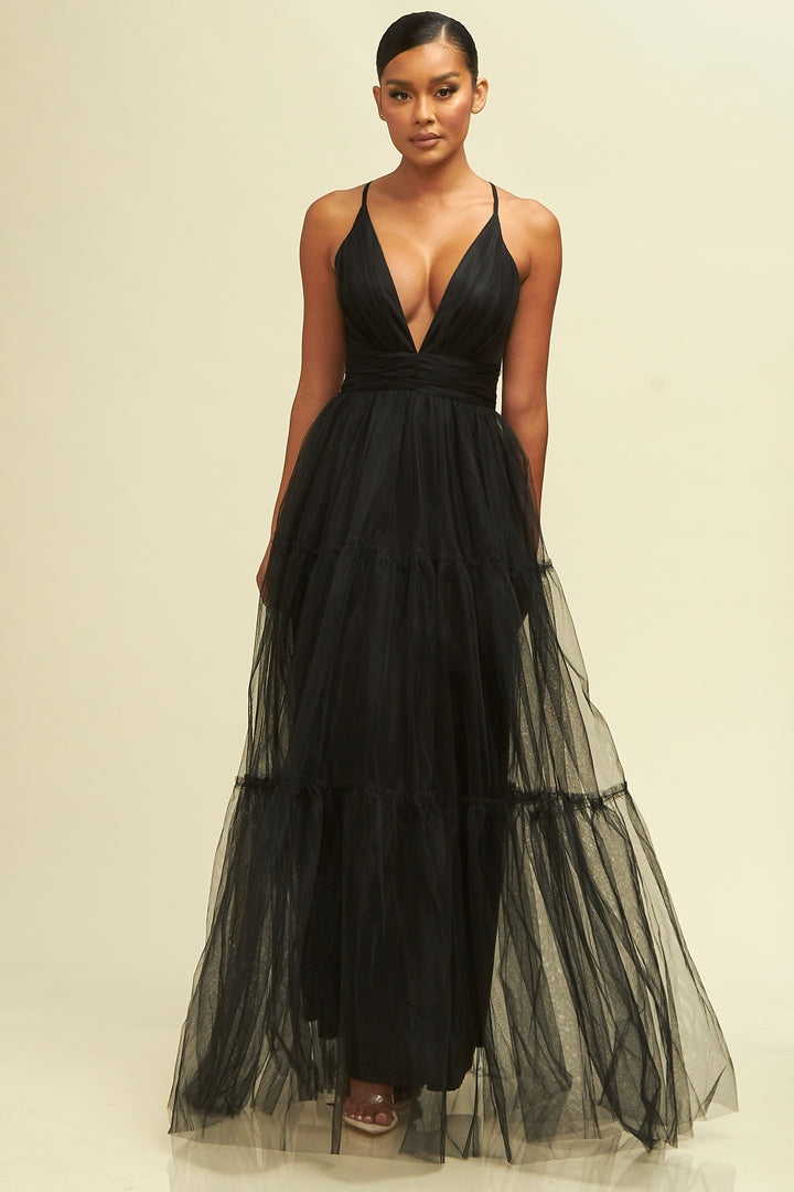 Tiered Mesh Maxi Dress-DRESS
