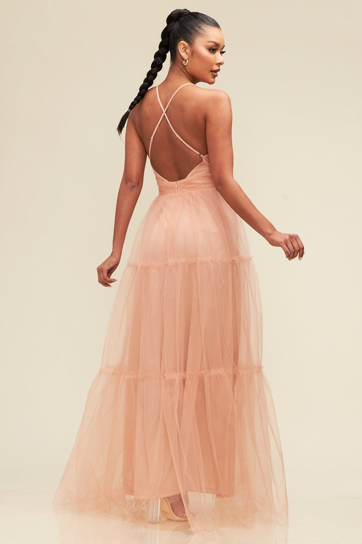 Tiered Mesh Maxi Dress-DRESS