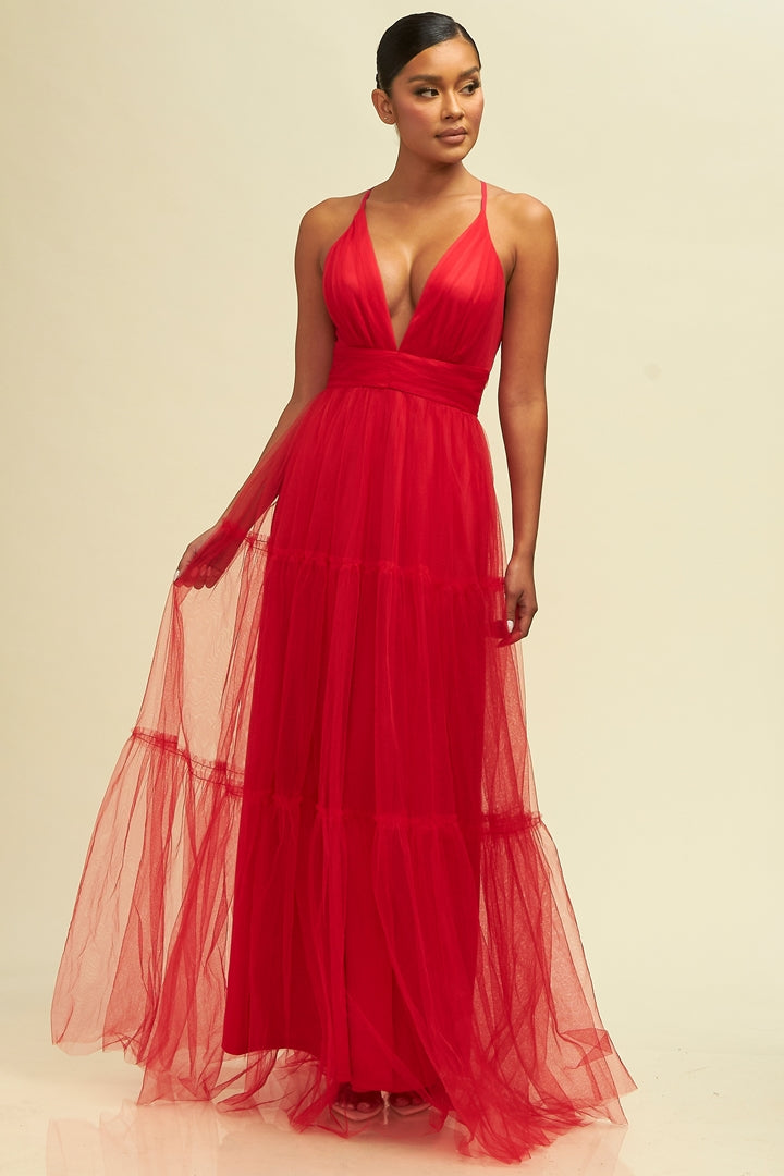 Tiered Mesh Maxi Dress-DRESS