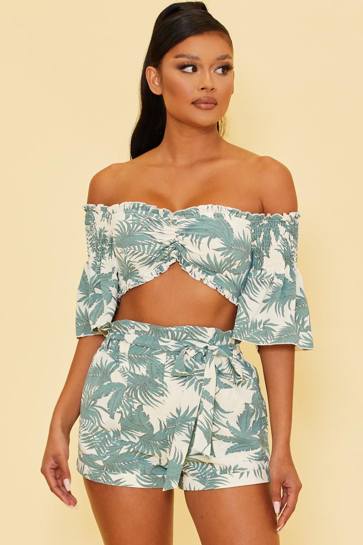 Printed Crop Top and Short Set in White Green-TOP SHORT SET