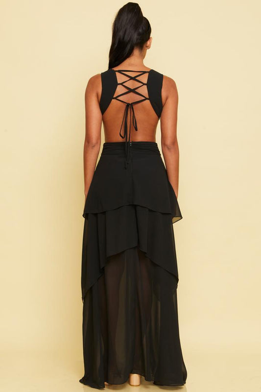 Lace-Up Maxi Dress in Black-DRESS
