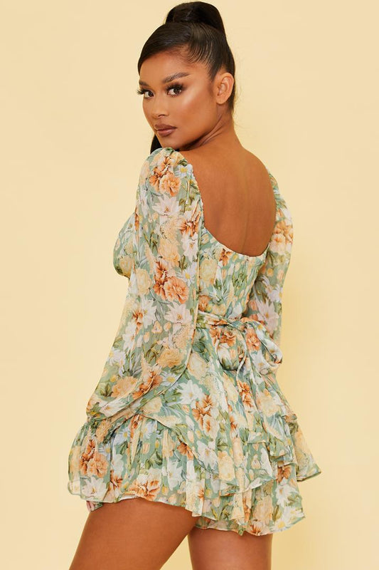 Long Sleeves Floral Skort Romper in Light Green-ROMPER