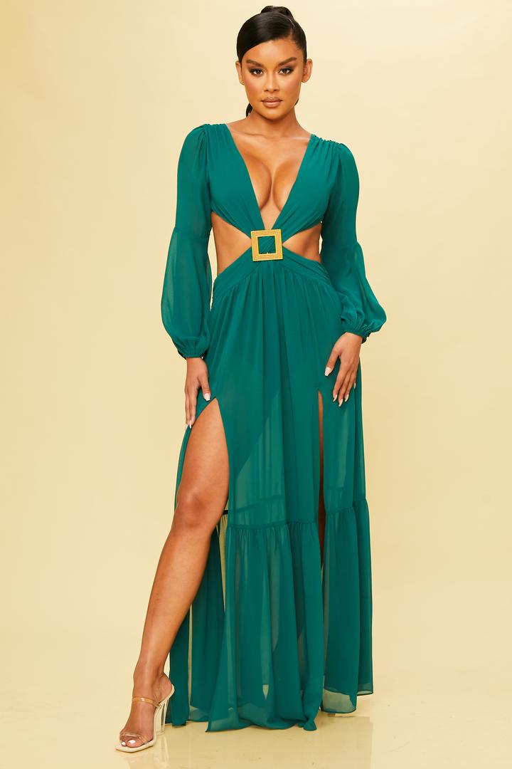 Long Sleeve Maxi Dress with Side Cutout in Hunter Green