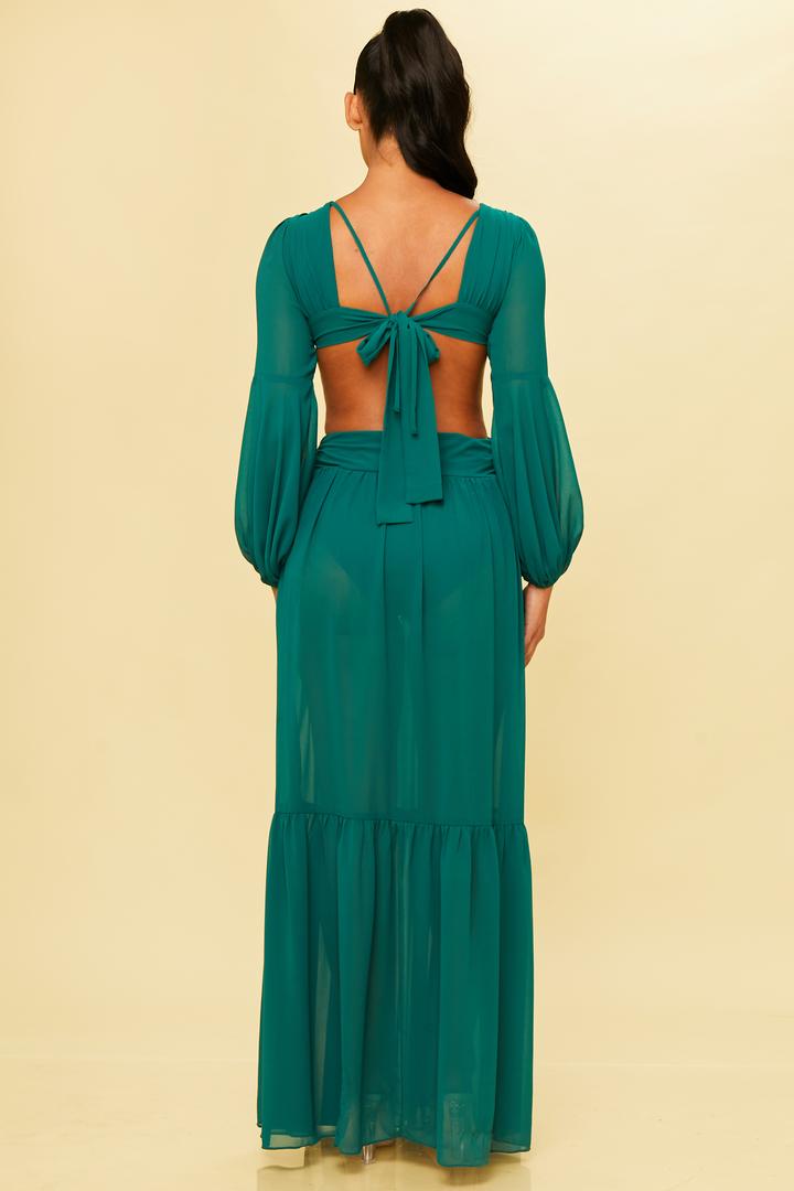 Long Sleeve Maxi Dress with Side Cutout in Hunter Green-DRESS