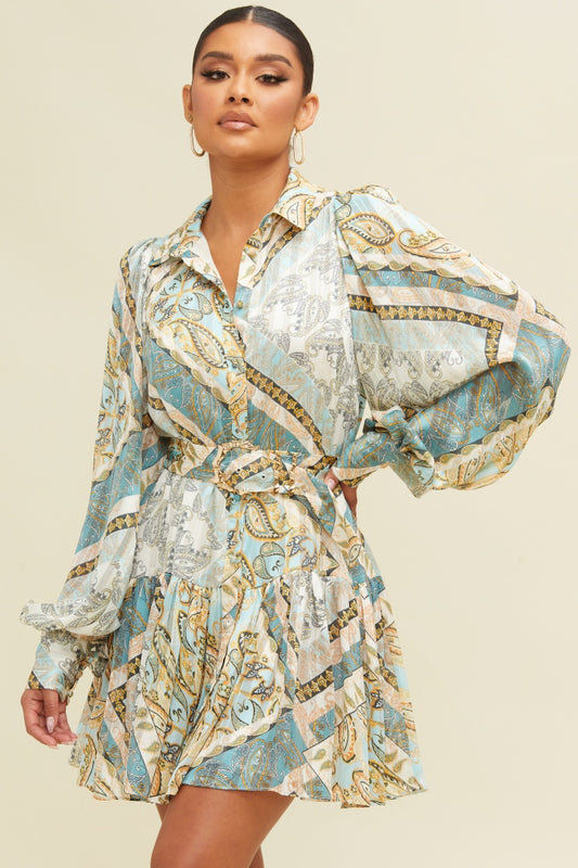 Paisley Print Belted Shirt Dress in Blue-DRESS