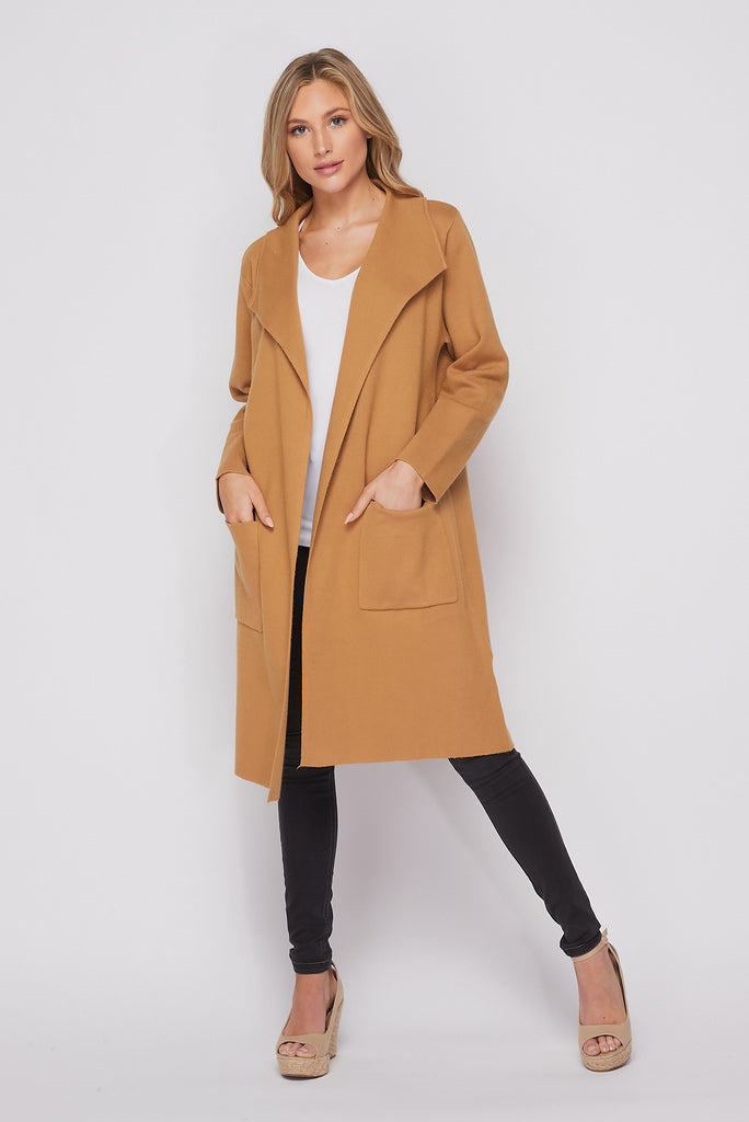 Long Knit Collared Cardigan In Camel-KNIT COAT