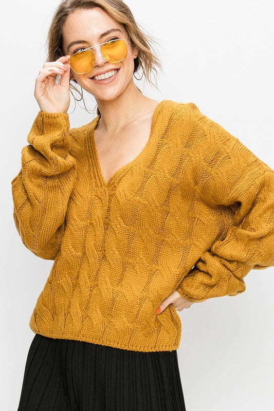 Cable Knit Pullover Sweater In Mustard