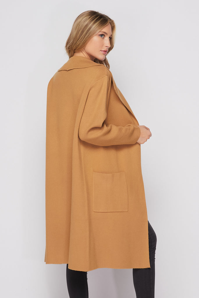Long Knit Collared Cardigan In Camel-KNIT COAT