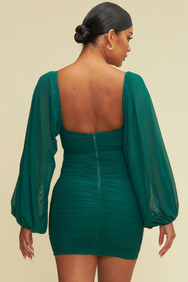 Mesh Mini Dress V Neckline in Hunter Green-DRESS