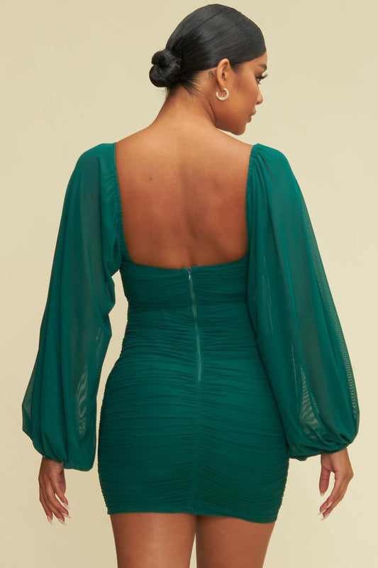 Mesh Mini Dress V Neckline in Hunter Green-DRESS