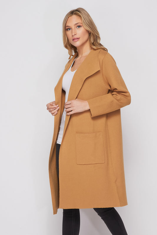 Long Knit Collared Cardigan In Camel-KNIT COAT
