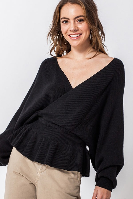 Peplum Ribbed Knit Sweater Top In Black