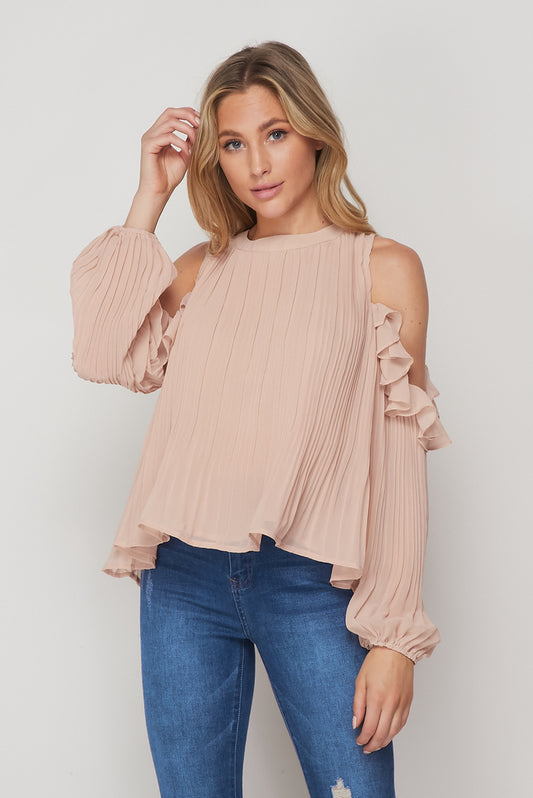 Pleated Cold Shoulder Blouse In Dusty Rose