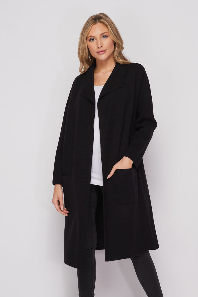 Long Knit Collared Cardigan In Black