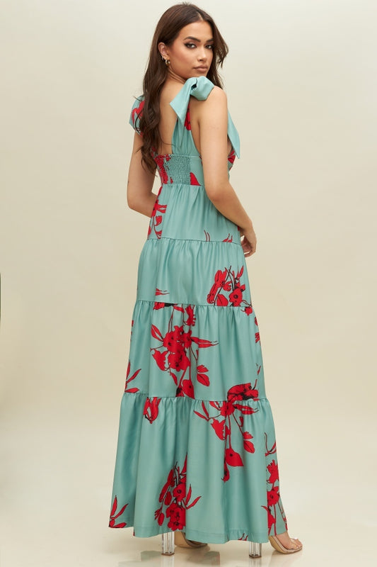 Tie-Strap Tiered Floral Maxi Dress in Sage Red-DRESS