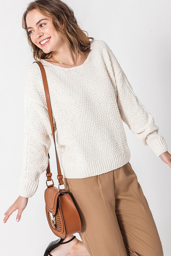 Open Knit Sweater Top In Cream-SWEATER