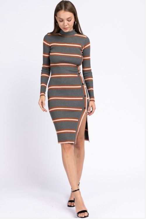 Striped Turtleneck Sweater Dress In Charcoal