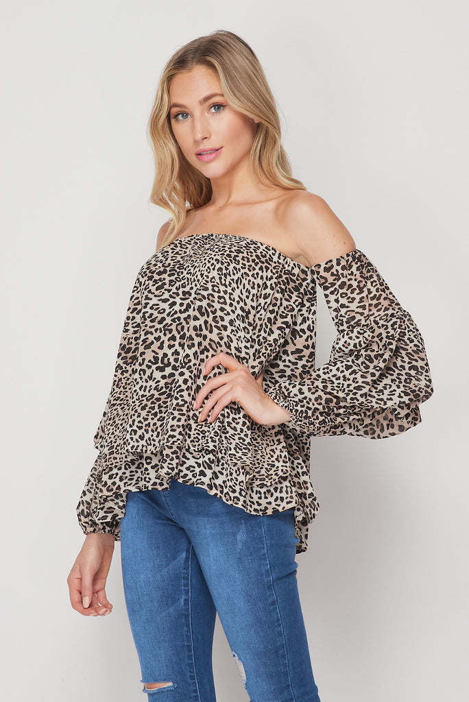 Off Shoulder Leopard Print Top in Grey