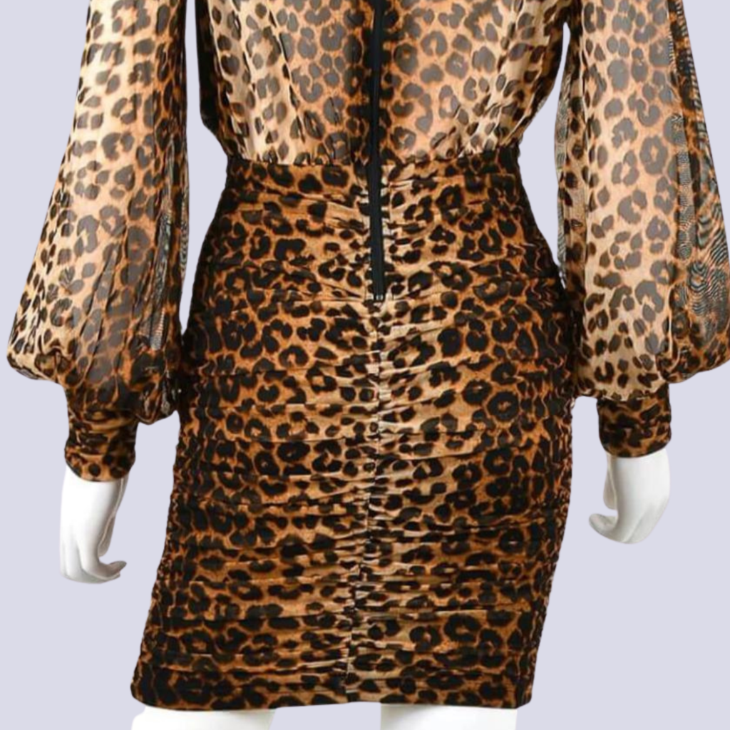 Long Sleeve Leopard Ruched Dress In Brown