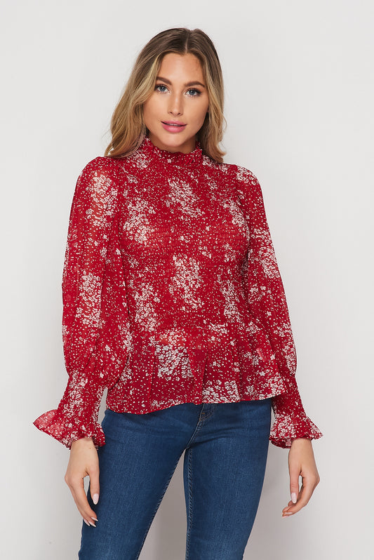 Long Sleeve Smocked Peplum Top In Cranberry