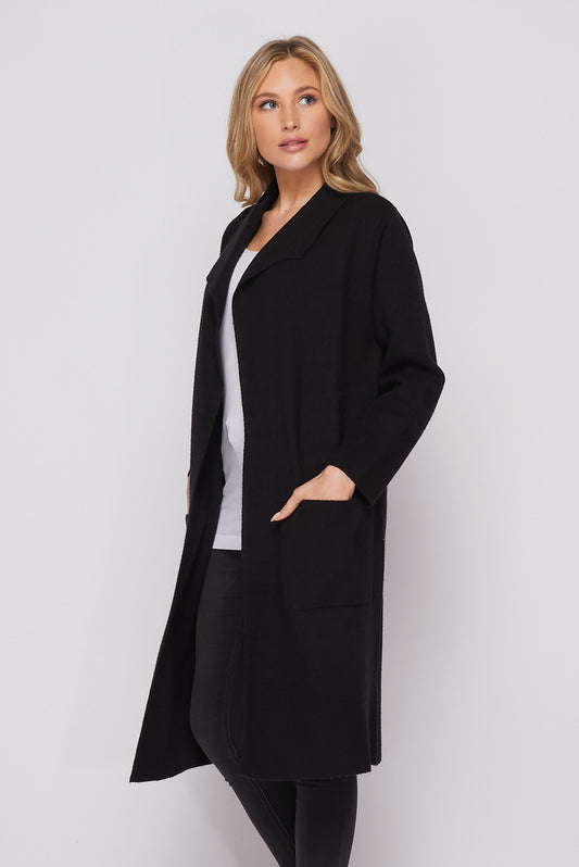 Long Knit Collared Cardigan In Black