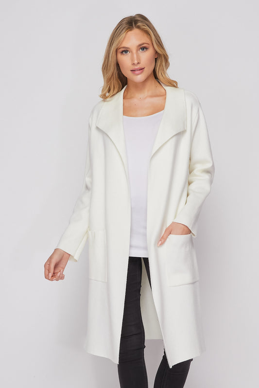 Long Knit Collared Cardigan In Ivory