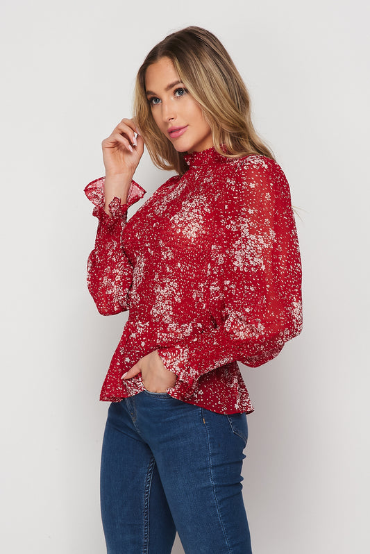 Long Sleeve Smocked Peplum Top In Cranberry-TOP