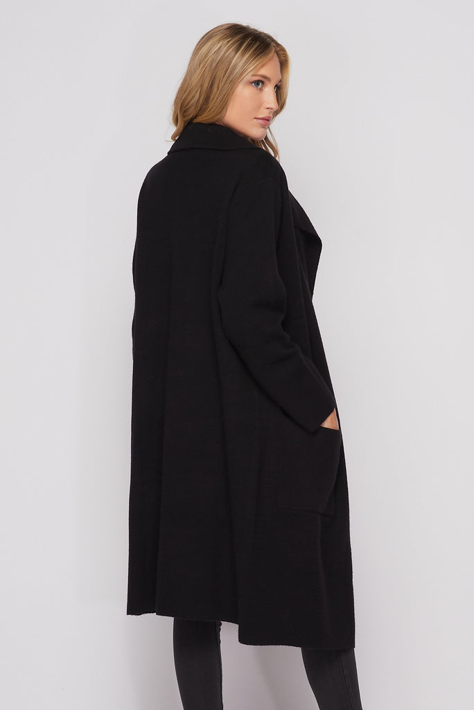 Long Knit Collared Cardigan In Black